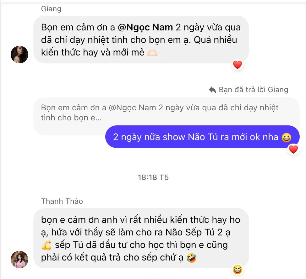 Tin nhắn feedback của học viên sau khóa Coach Mera cùng Đỗ Ngọc Nam