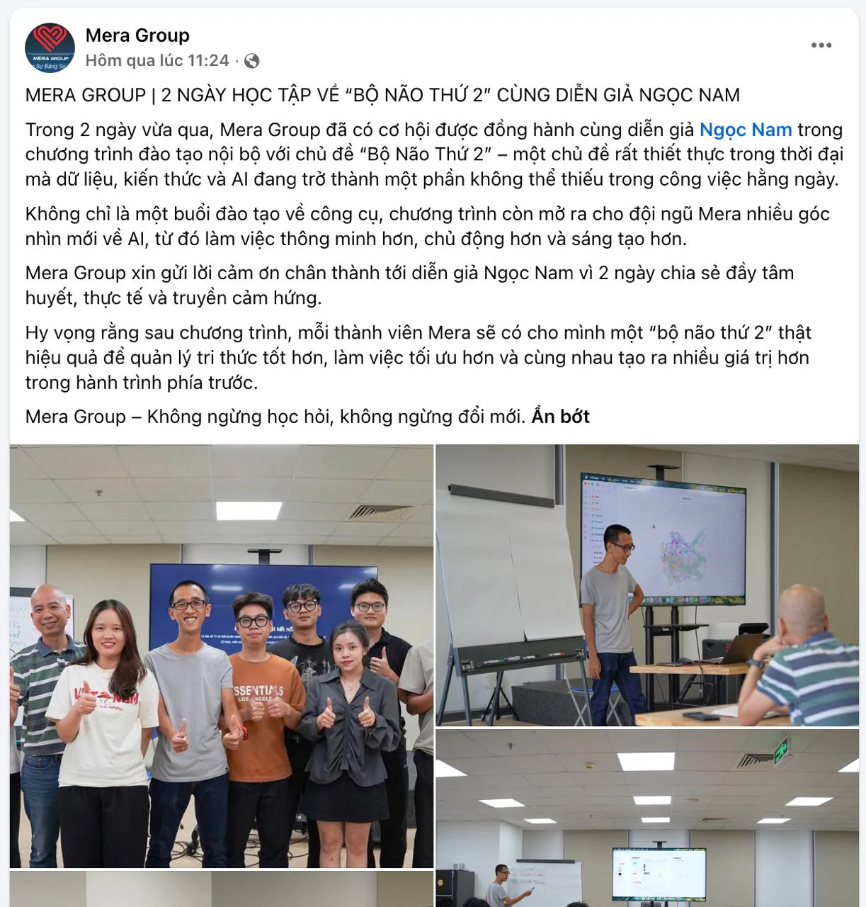 Bài đăng của Mera Group về chương trình đào tạo Bộ Não Thứ 2 cùng diễn giả Ngọc Nam